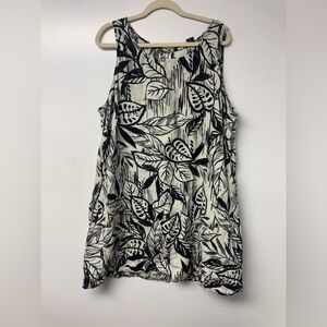 Tahari 100% Linen Black White Leaf Print Sleeveless Tunic Dress Women’s 2X